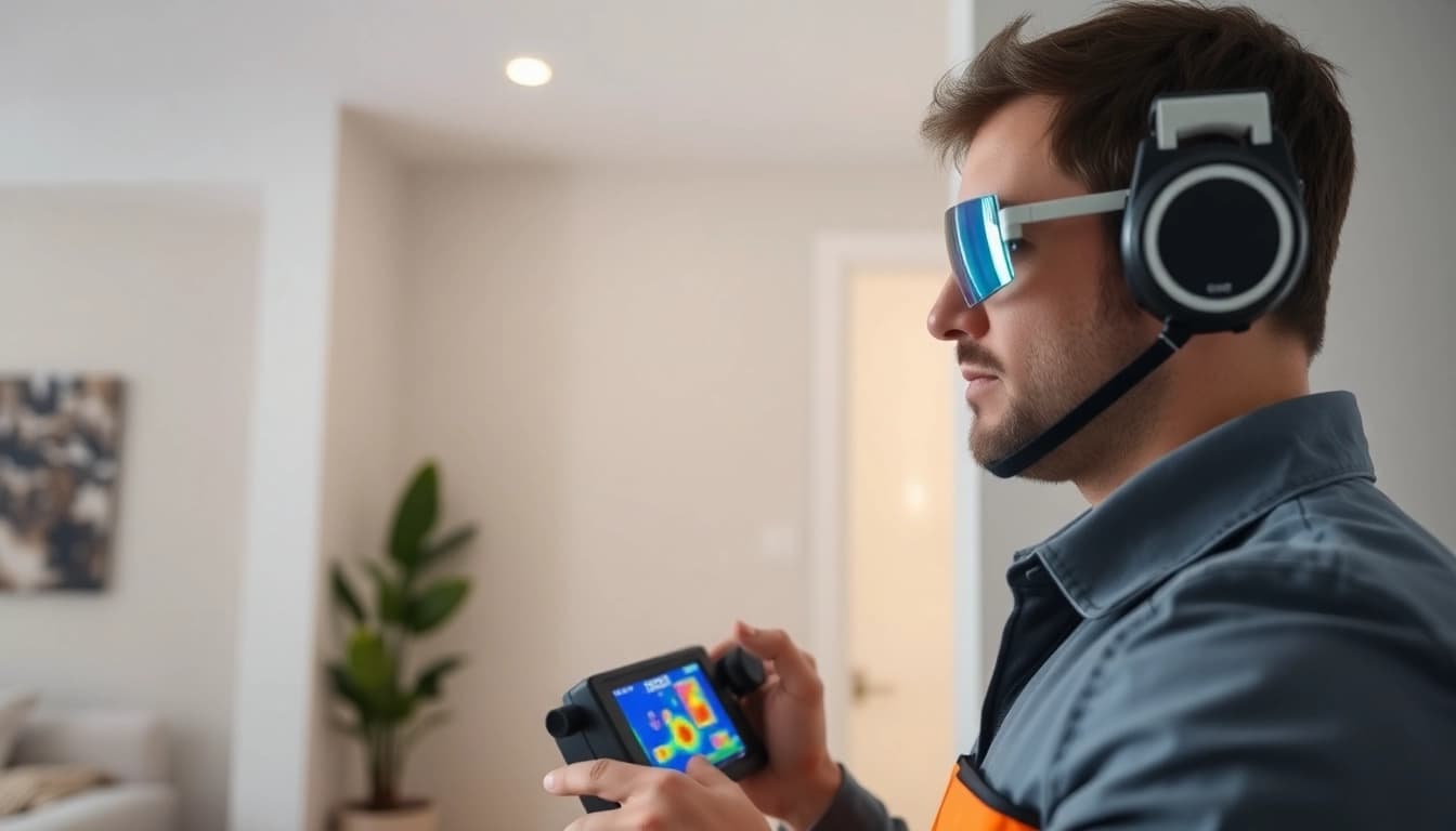 Water leak detection technician using thermal imaging to find leaks.