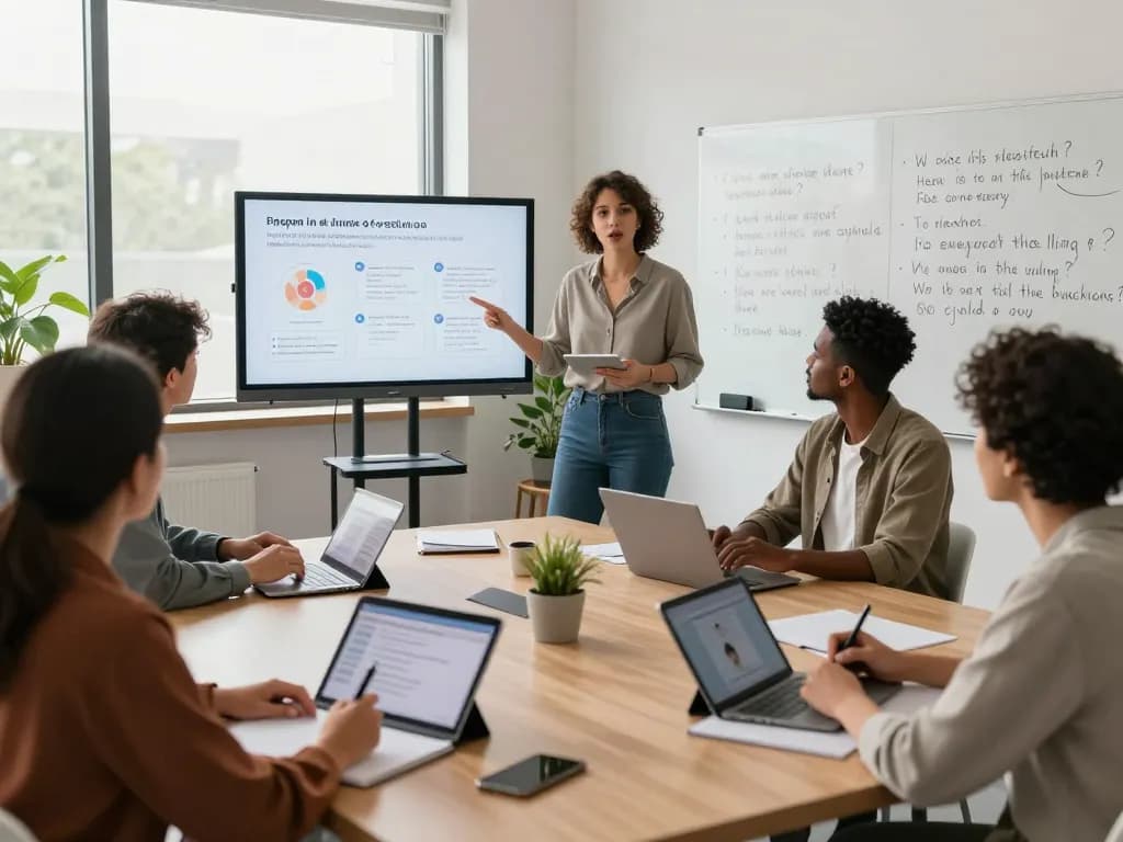 Engaged learners discussing sex AI applications in a modern classroom.
