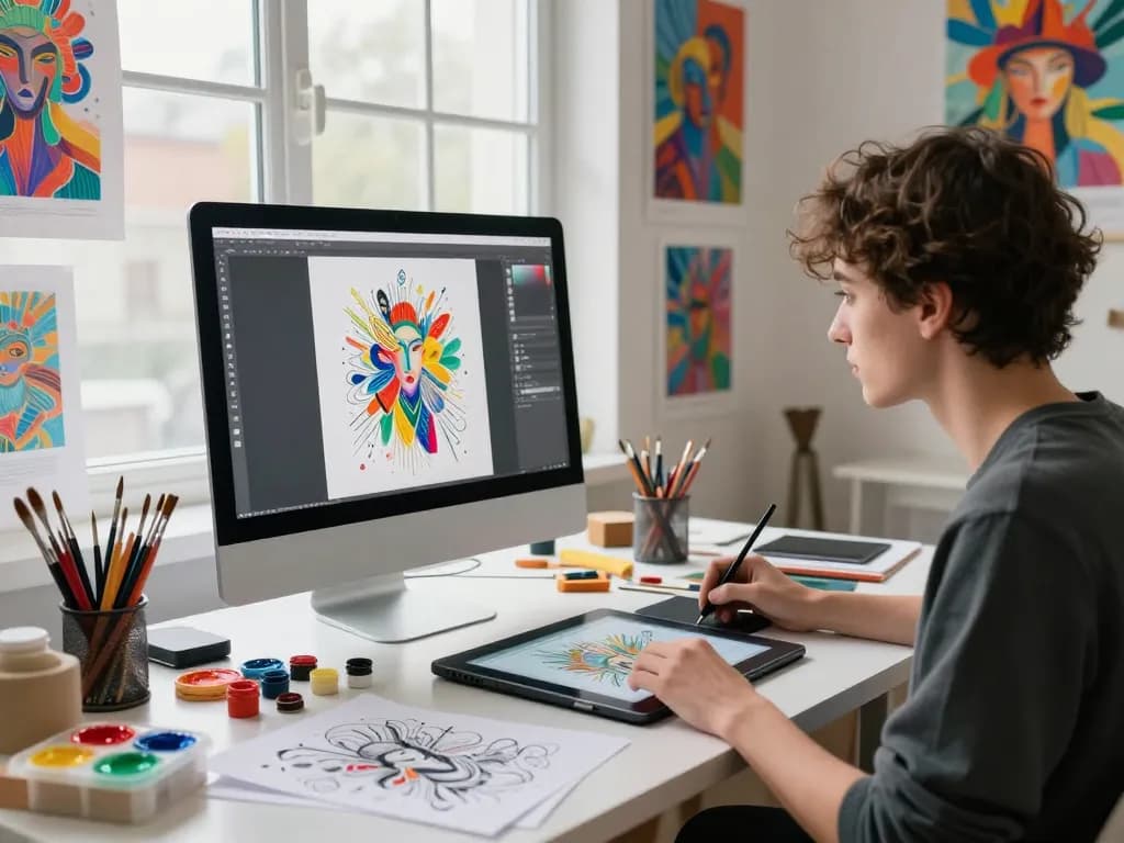 Artist using an image prompt generator in a vibrant workspace, blending creativity and technology.