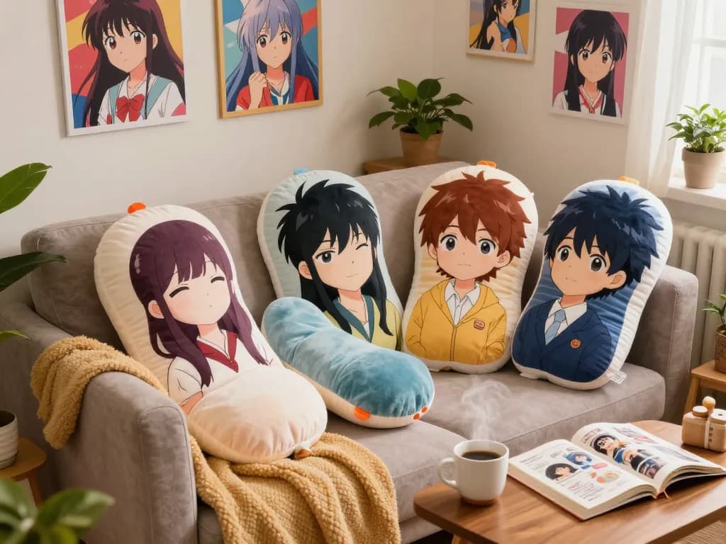 Custom dakimakura body pillows in vibrant bedroom setting with cozy atmosphere.