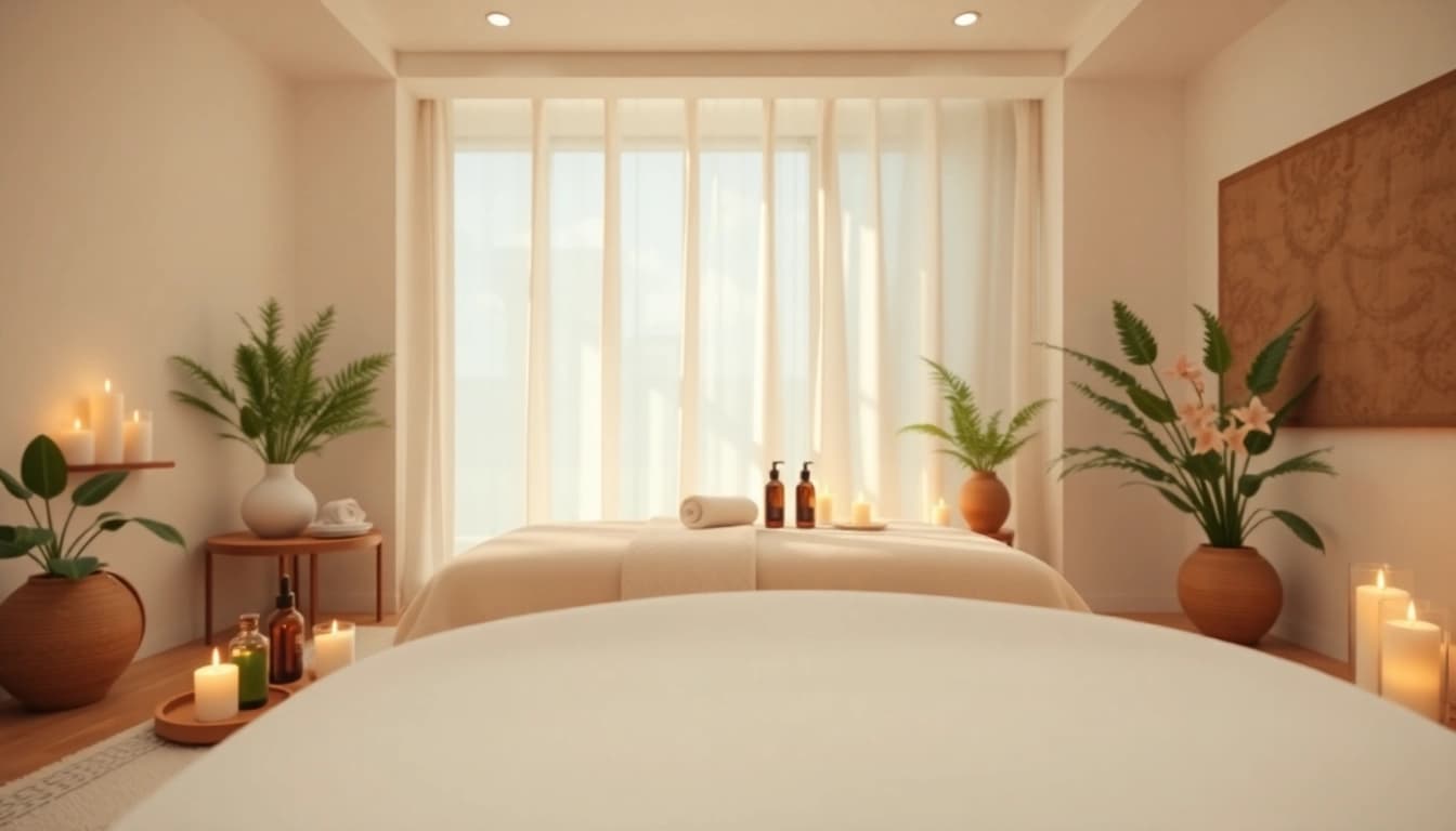 Spa Ads featuring a tranquil massage room with soothing decor, inviting relaxation.