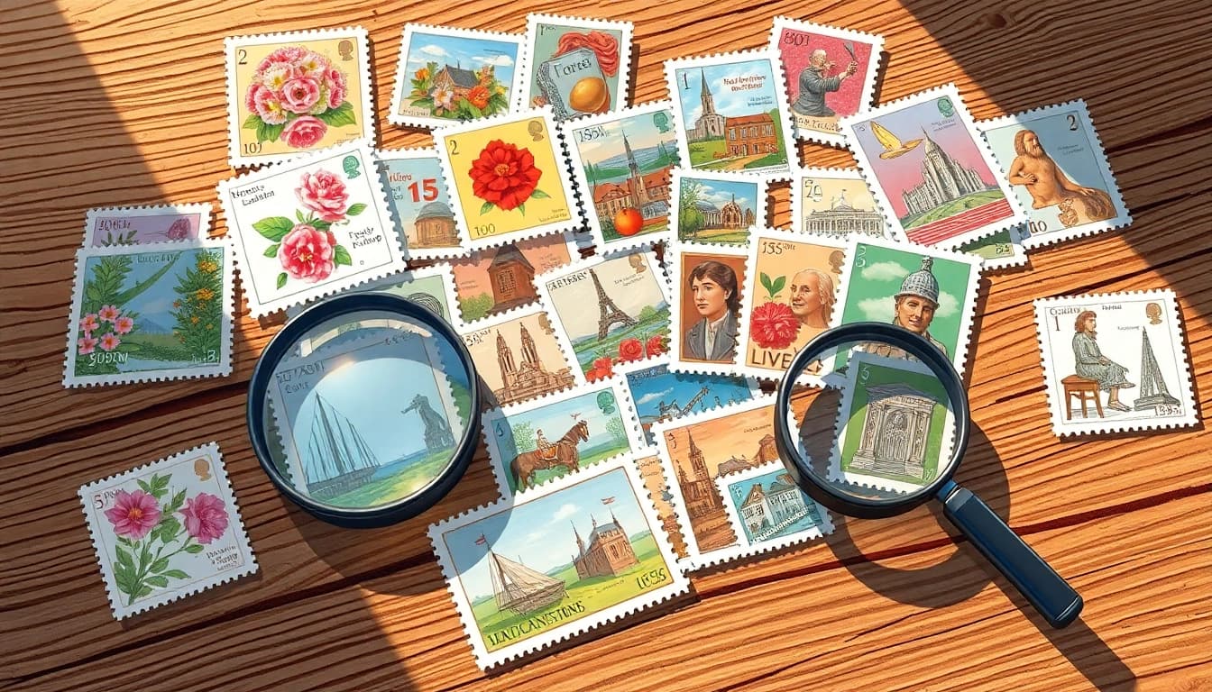 Explore a collection of cheap stamps displayed on a wooden table, capturing their vibrant designs.