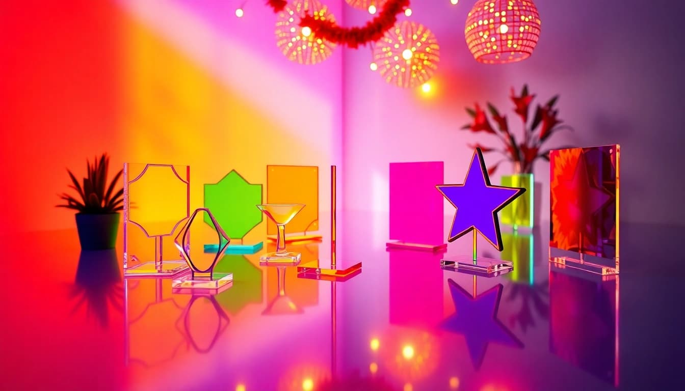 Showcase custom acrylic standees in vibrant colors and unique designs arranged artistically.