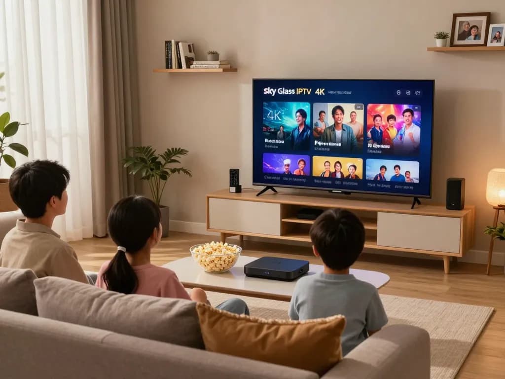 Enjoying family movie night with Sky glass IPTV in 4K resolution, cozy living room atmosphere and detailed decor.