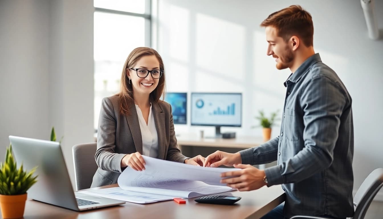 Biuro księgowe dla firmy budowlanej z profesjonalnym księgowym wspierającym klienta w nowoczesnym biurze