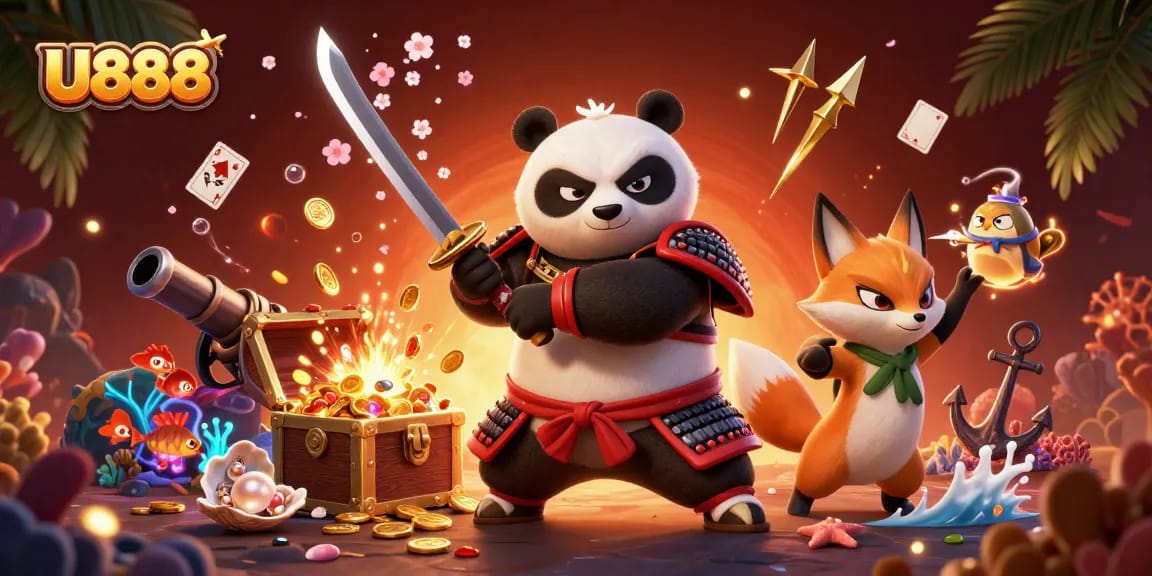 Experience U888's thrilling gaming adventure with a dynamic samurai panda, ninja fox, and magical spirit.