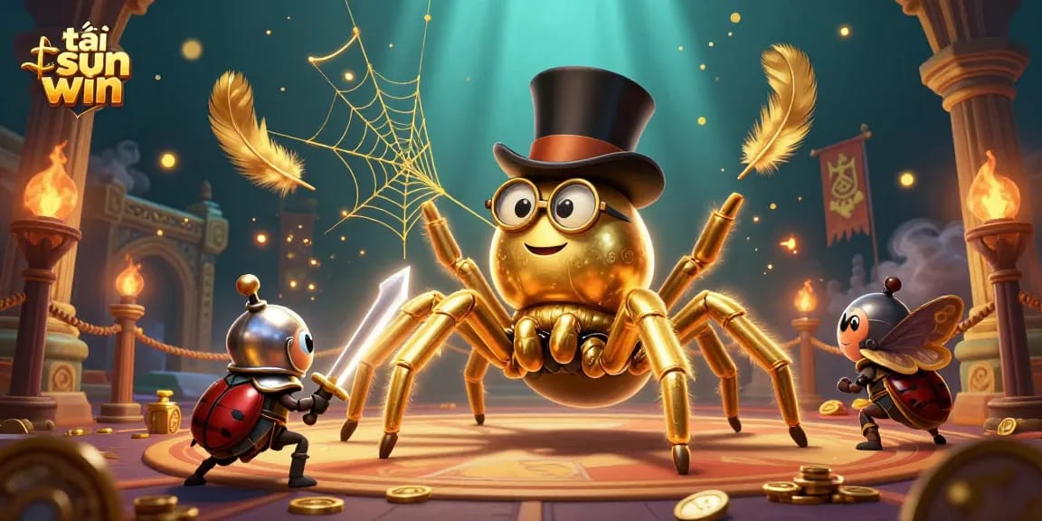 Tải sun win by engaging players in a vibrant casino scene with a golden tarantula and knight.