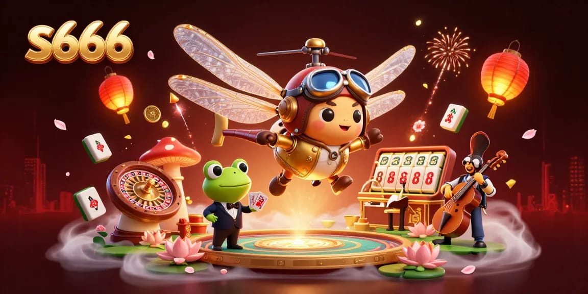 Experience the vibrant casino atmosphere with s666 featuring a dragonfly pilot, frog croupier, and jazz musicians.