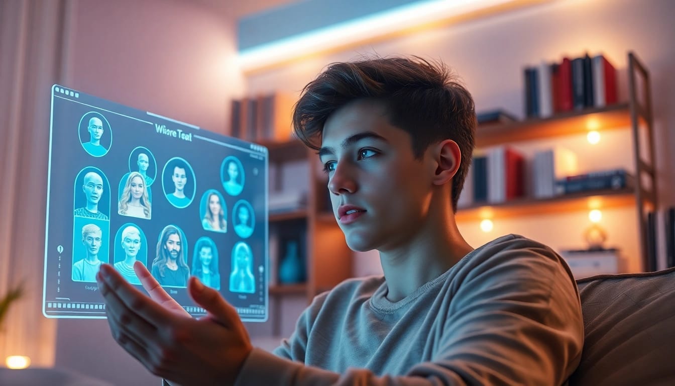 Engaging ai sex chat experience with a futuristic AI chatbot in a cozy room.