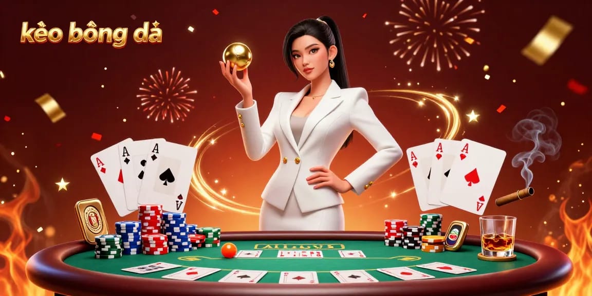 Bet on kèo bóng đá with a confident woman posing amid casino elements and poker details.