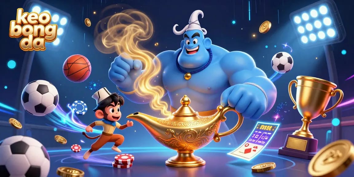 Bet on keo bong da with a dynamic scene of sports balls and a genie creating winning moments.