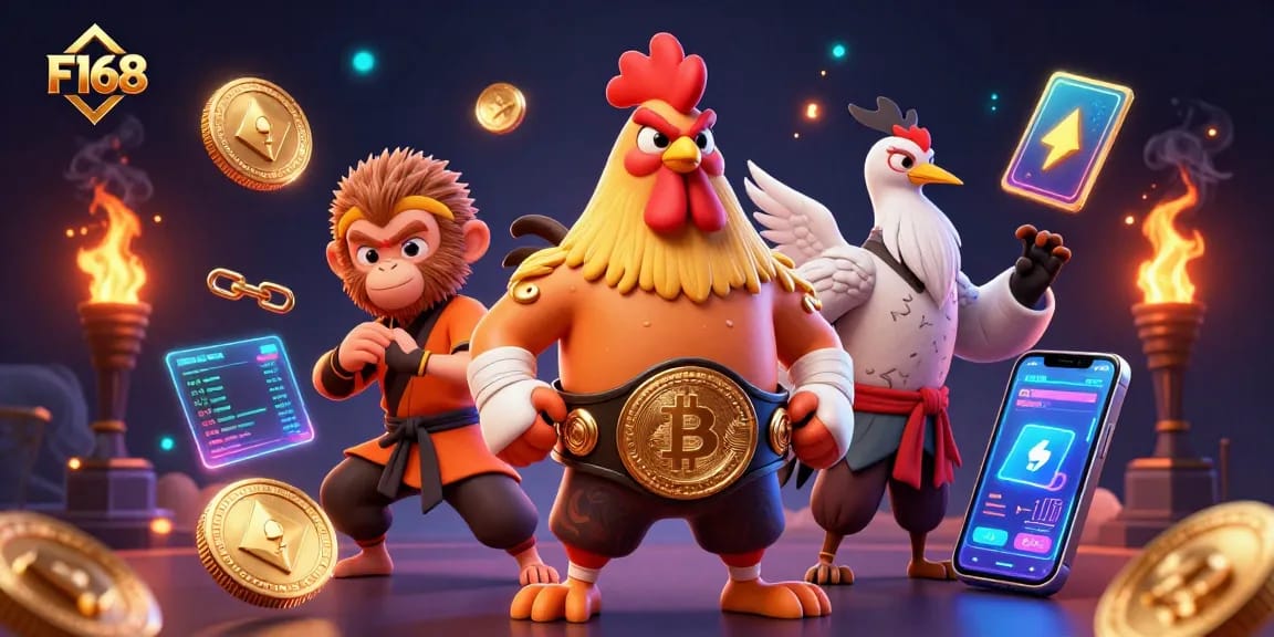 Win big at F168 with vibrant 3D casino characters in an electrifying gaming scene.