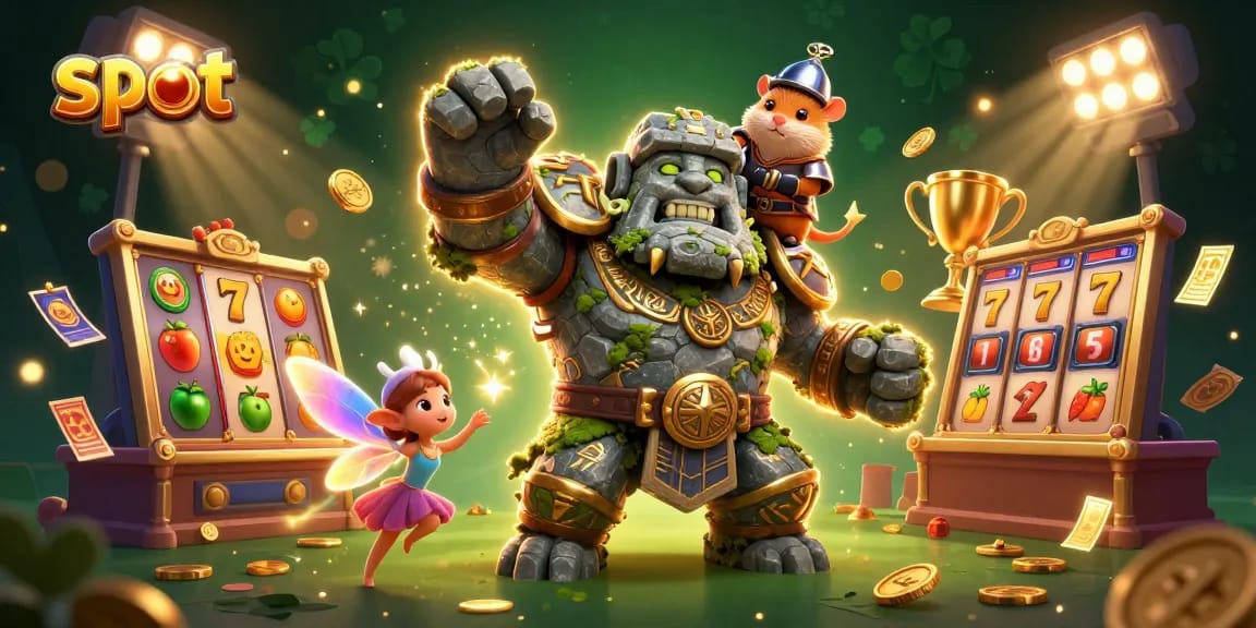 Experience thrilling slot games with vivid characters and dynamic elements in this engaging illustration.