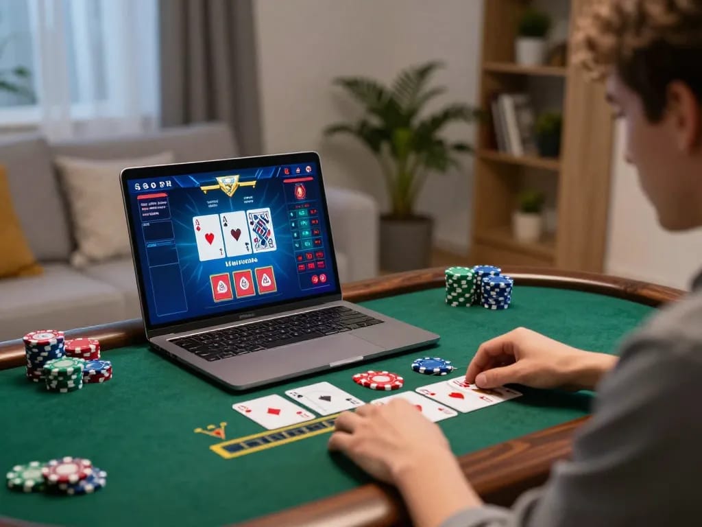 Engaging in online gameplay on https://ko6689.com/jay-tran/ with vibrant dealer interface on laptop, strategic moments captured.