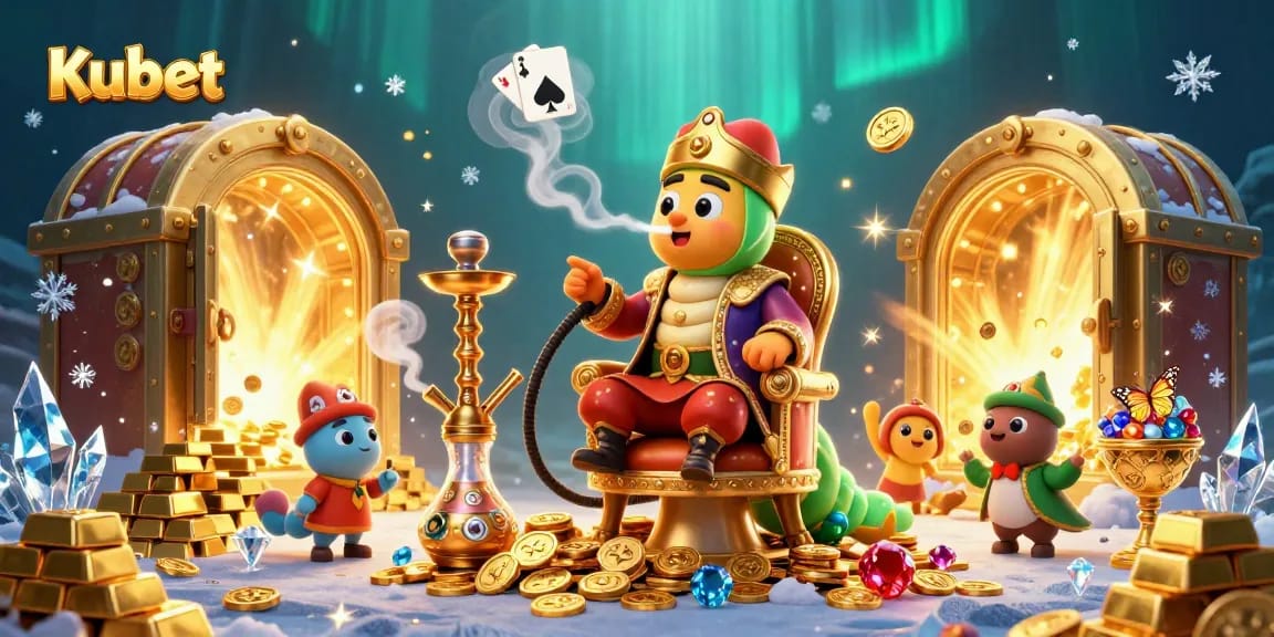 Kubet players enjoy a vibrant 3D casino scene with an enormous caterpillar and treasure visuals.