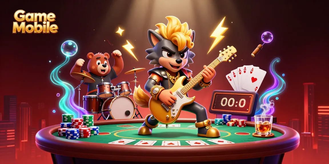 Game Mobile features a rock star wolf and drummer bear in an electrifying casino scene.
