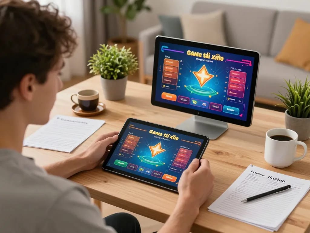 Engaging in Game tài xỉu online on a tablet at home, showcasing vibrant gameplay and relaxing atmosphere.