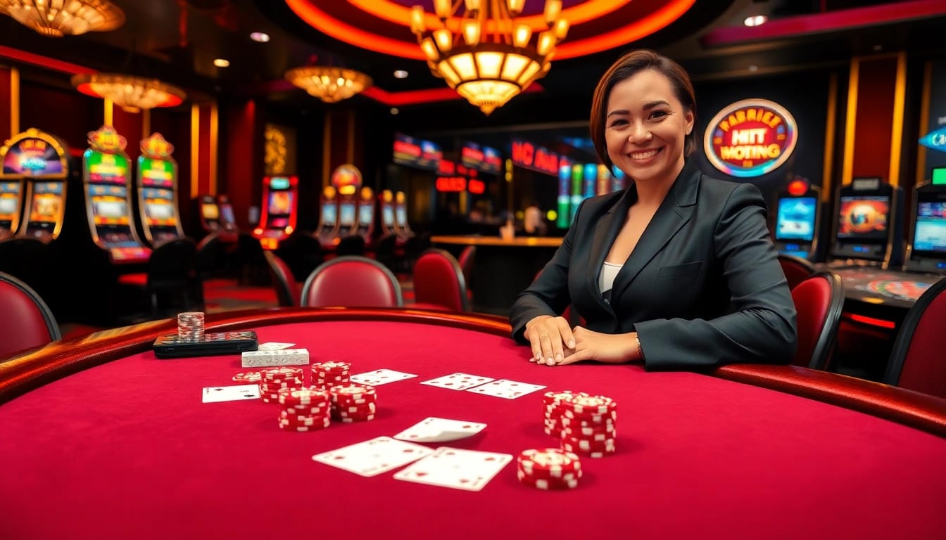 Experience thrilling gameplay at MM88 with a vibrant casino scene showcasing poker tables and slot machines.