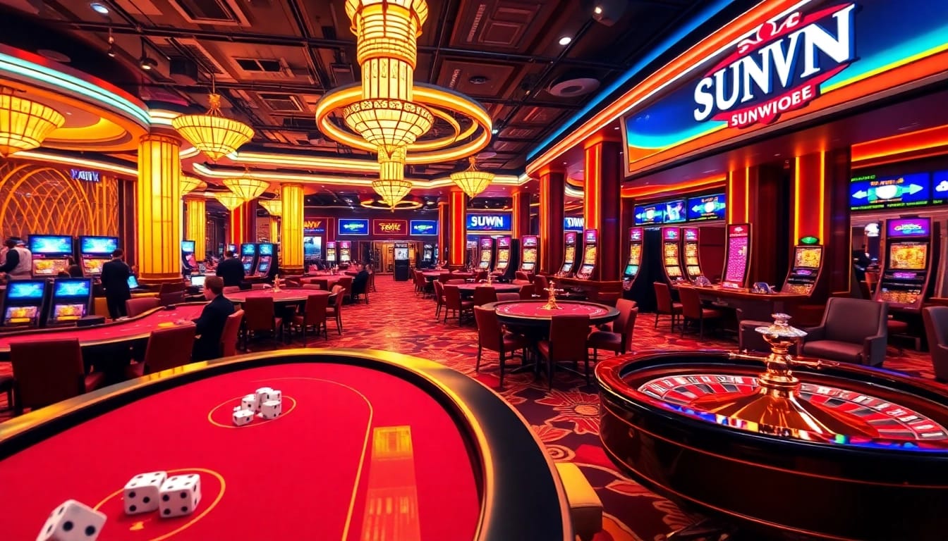 Experience excitement at Sunwin's luxurious gaming area with dynamic casino elements.