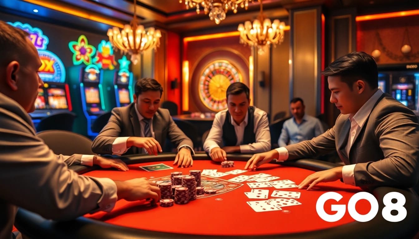 GO8 poker players competing at a luxurious casino table, emphasizing high-stakes excitement.