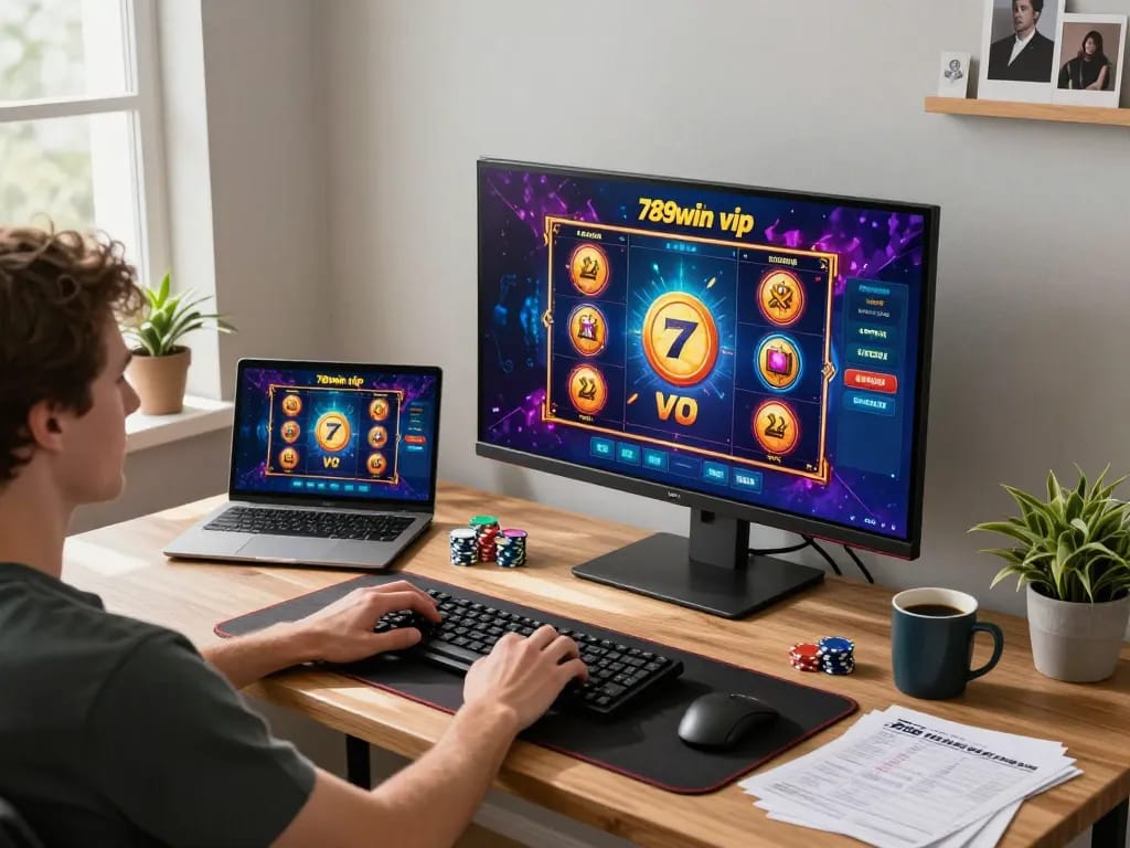 Engaging in an exhilarating session of 789win vip online gaming with vibrant slots visible on screen