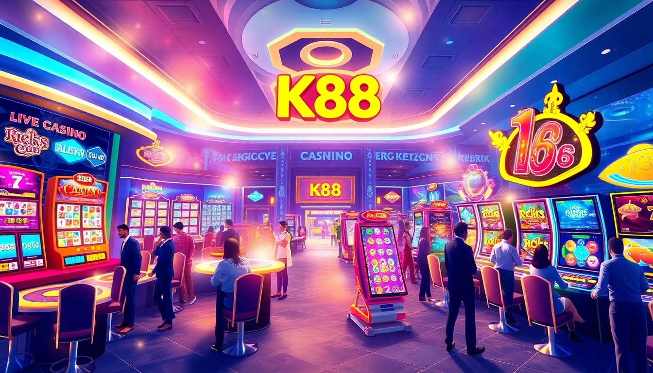 K88 online gambling platform showcasing vibrant gaming sections including live casino and slot machines.