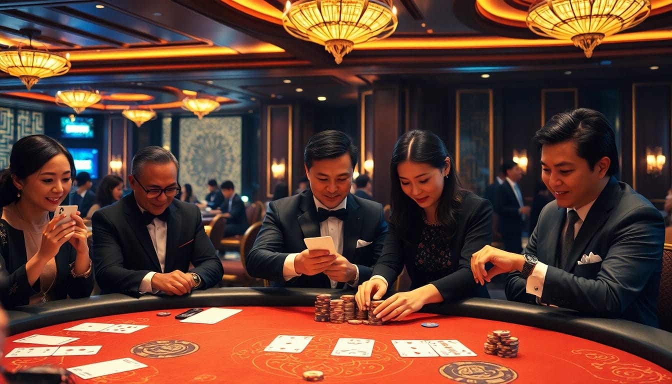 Players enjoying an exciting game of xóc đĩa at a professional casino table.
