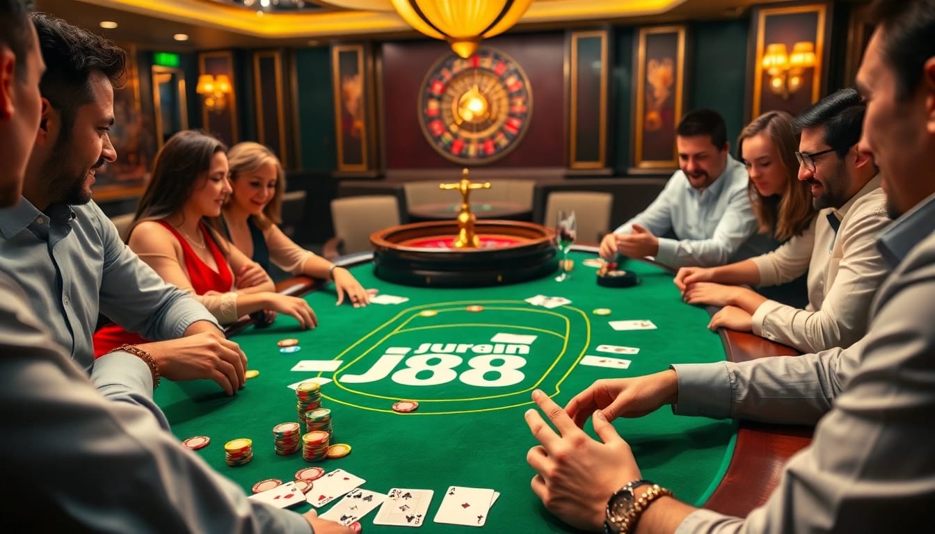 j88-themed poker table with players enjoying high-stakes gambling experience