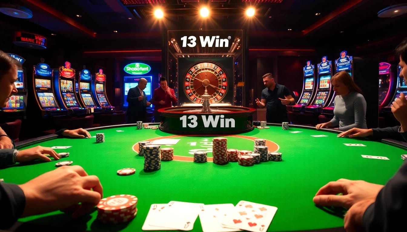 Players engaged in thrilling games at a 13Win casino table, showcasing luxury and excitement.