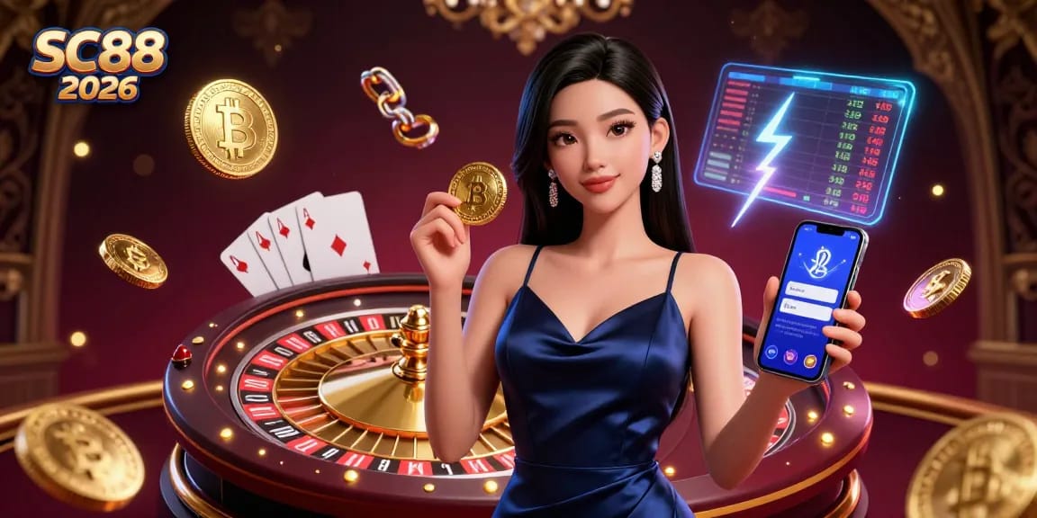 Engage in thrilling gameplay at SC88 2026 with stunning visuals of a confident casino player holding a gaming app.