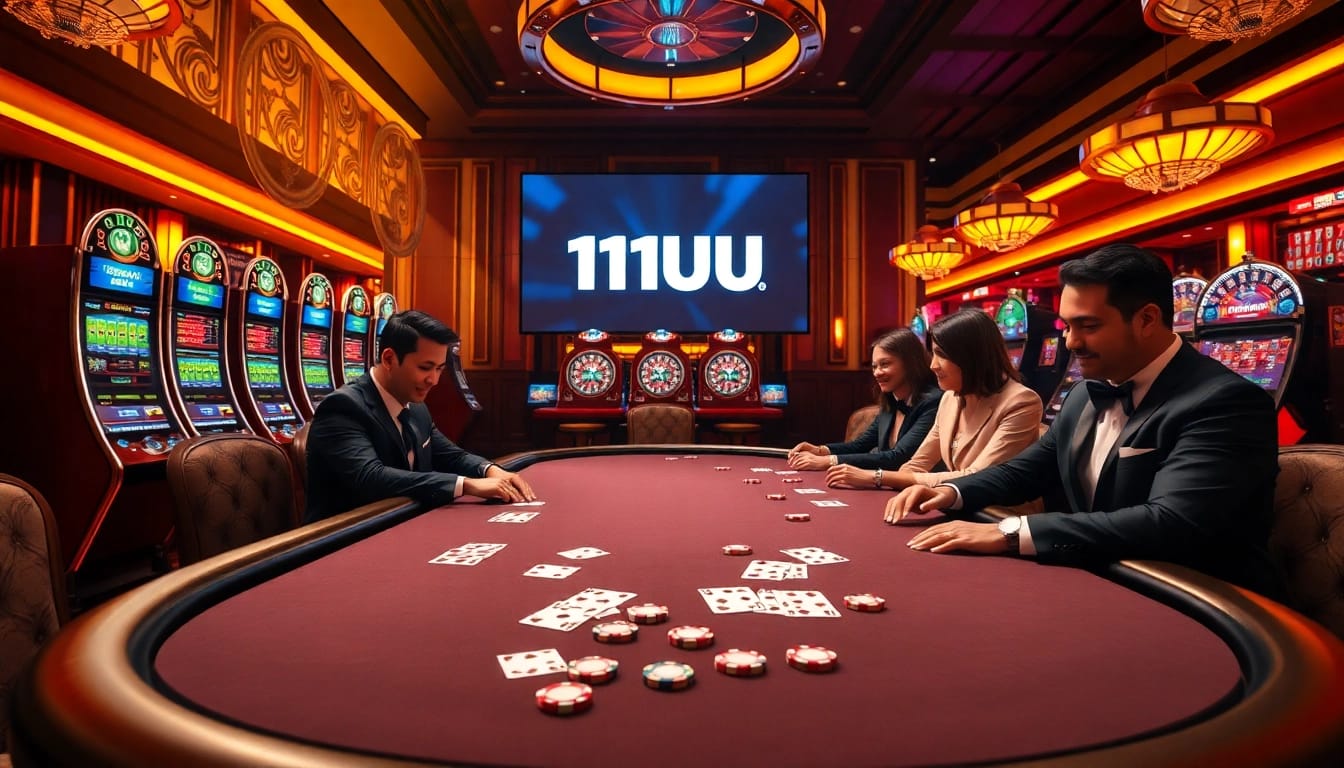 Players enjoying a thrilling poker game at 11UU's luxurious casino, surrounded by colorful slot machines.