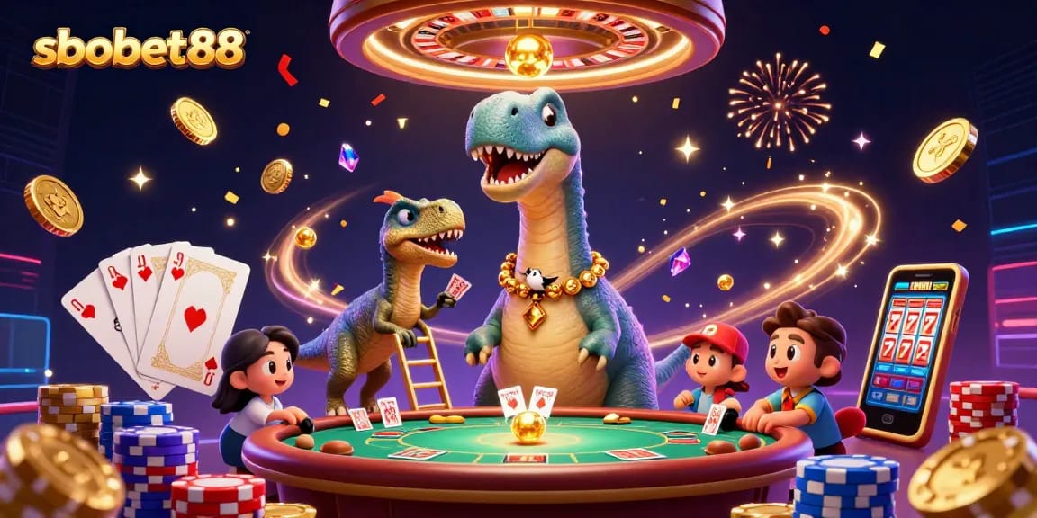 Experience the excitement of sbobet88 with vibrant casino action featuring a giant brontosaurus and dynamic games.
