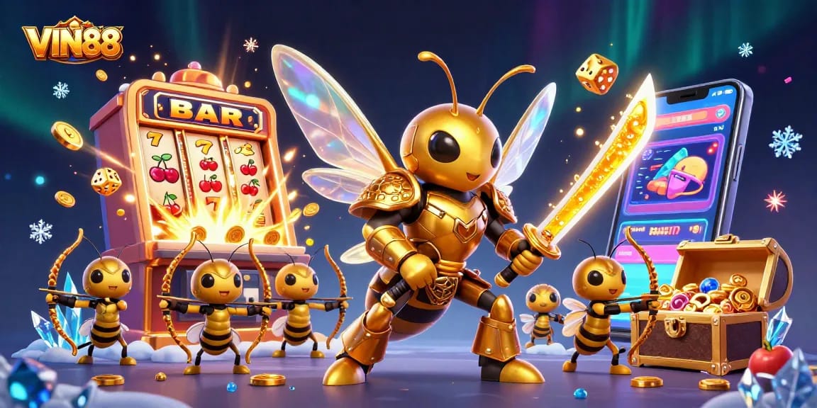 VIN88's captivating slot scene with a golden hornet, katanas, and jackpot excitement.