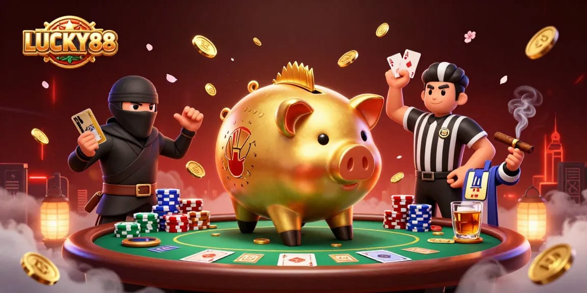 Experience LUCKY88's thrilling showdown in a dynamic 3D cartoon casino scene with engaging characters.
