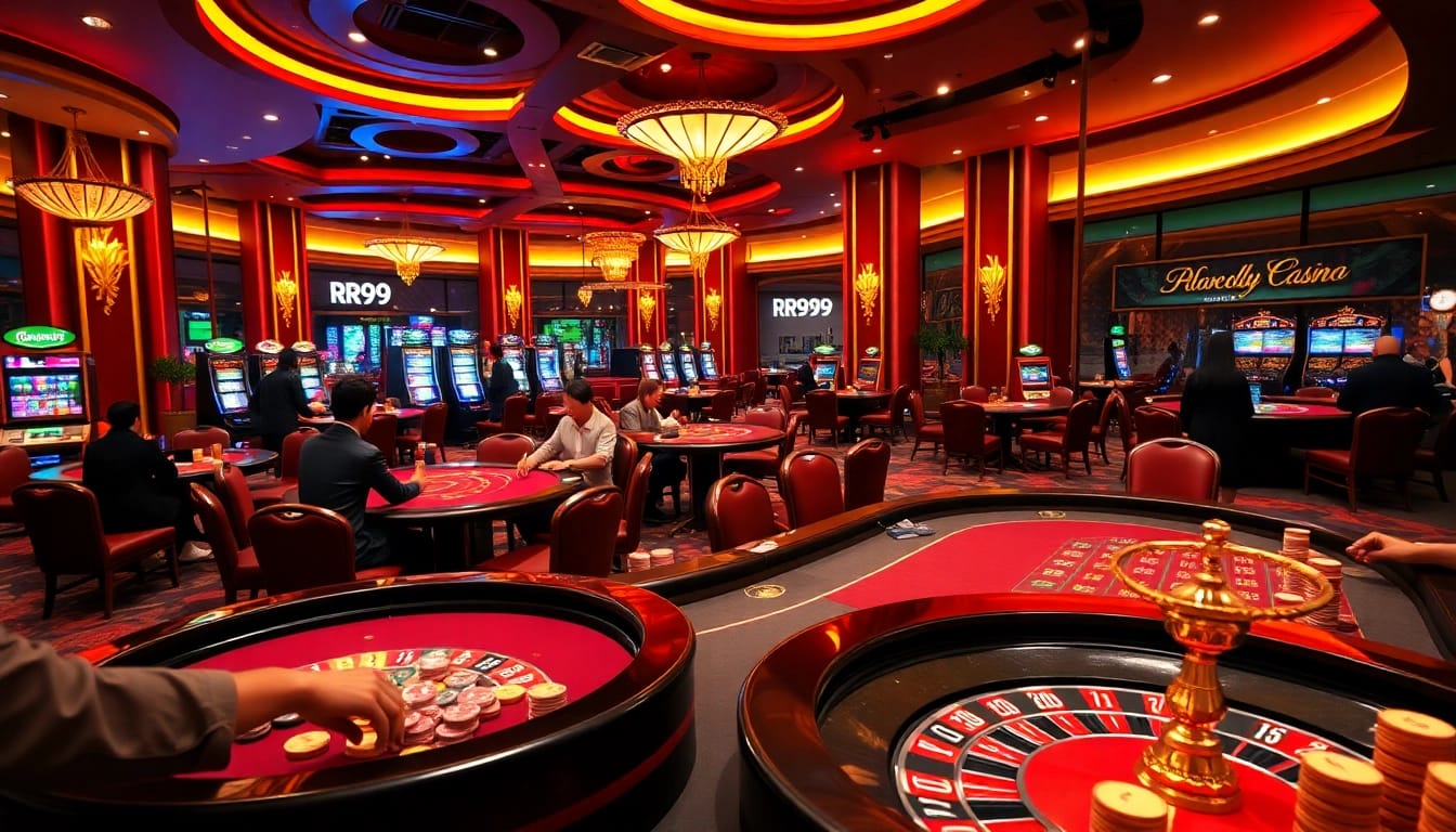 Players enjoying a thrilling game at luxurious casino tables, featuring rr99-themed poker chips for an exciting experience.