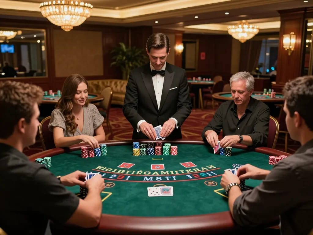hubet players engaging at an upscale blackjack table, vibrant chips, warm casino atmosphere