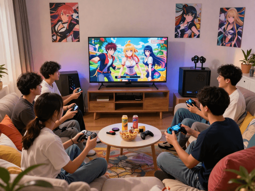 Friends enjoying a lively session of a hentai game in a cozy gaming room.