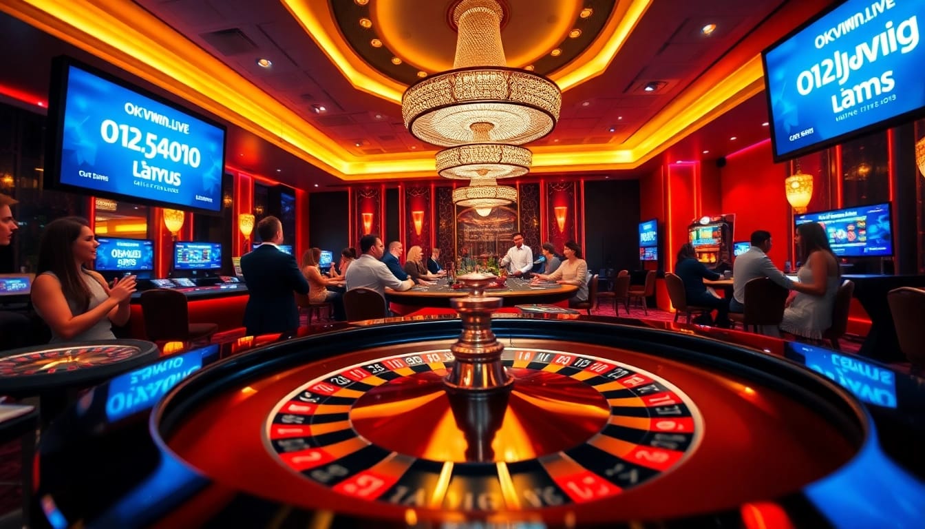 Experience thrilling live gaming at okvipwin.live with an immersive casino scene featuring excited players.