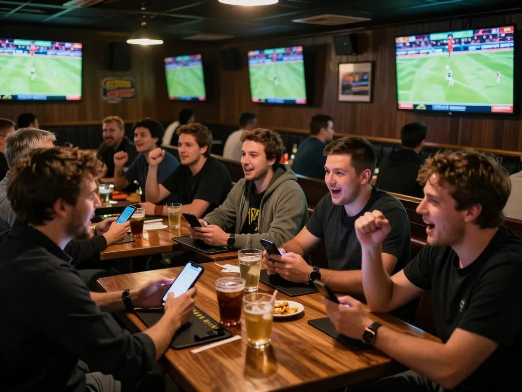 TG88 patrons engaged in dynamic sports betting at a lively bar, enjoying the thrill of live action