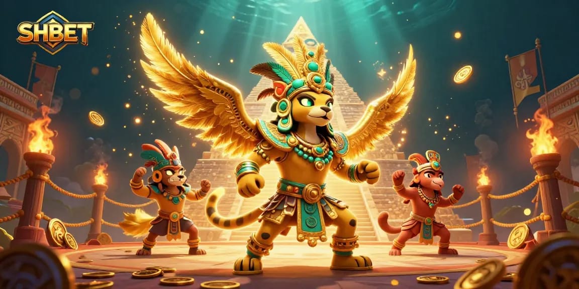 SHBET introduces thrilling gaming with a vibrant scene of a Mayan priest and quetzal bird in a dynamic casino setting.