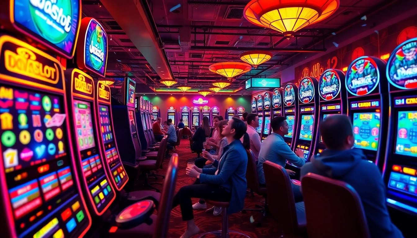 Engaging scene of players enjoying the doaslot experience in a vibrant casino atmosphere filled with colorful slot machines.
