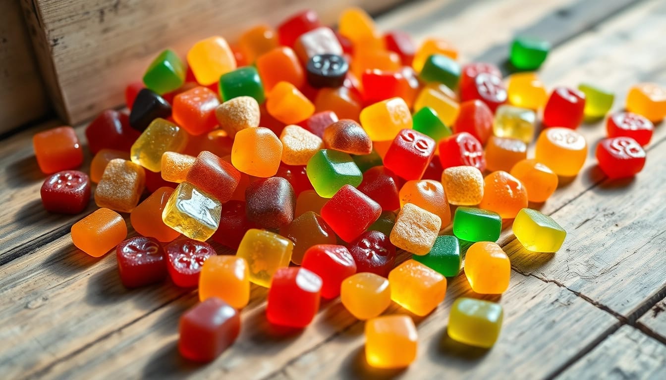 Buy legal THC gummies UK showcased in a colorful arrangement on rustic wood.