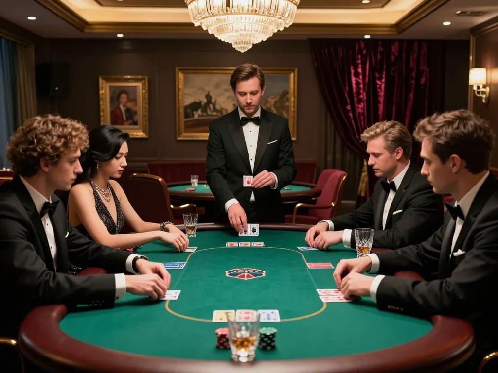 SIN88 poker players engaging in strategy at an upscale casino table, showcasing high-stakes gameplay.