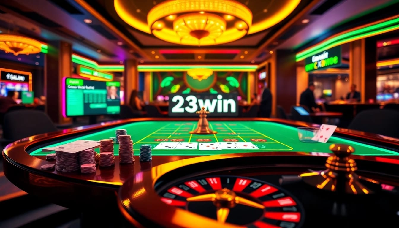 Experience the luxury of 23win online gambling with vibrant casino visuals featuring poker chips and roulette tables.