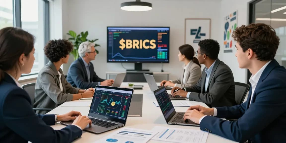 Engaged investors discussing strategies to invest in BRICS coins in a modern office.