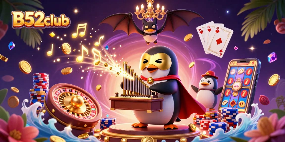 B52club offers an exciting gambling experience with golden coins, vibrant games, and immersive casino elements.