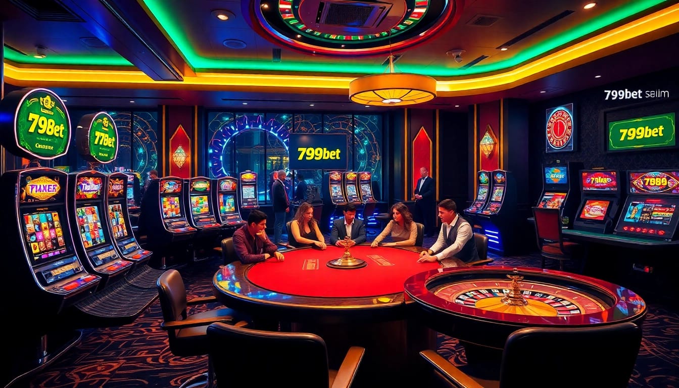 Engaged players enjoying poker at the luxurious 789bet casino, with vibrant slot machines and roulette table.