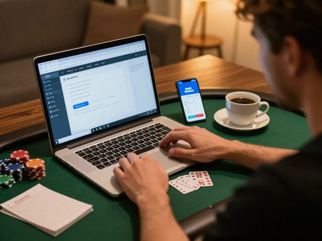 Kuwin player enjoying an online poker game setup with cozy ambiance and strategic notes