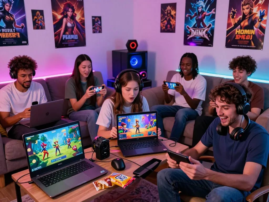 Group enjoying free porn games on devices in a lively gaming space.