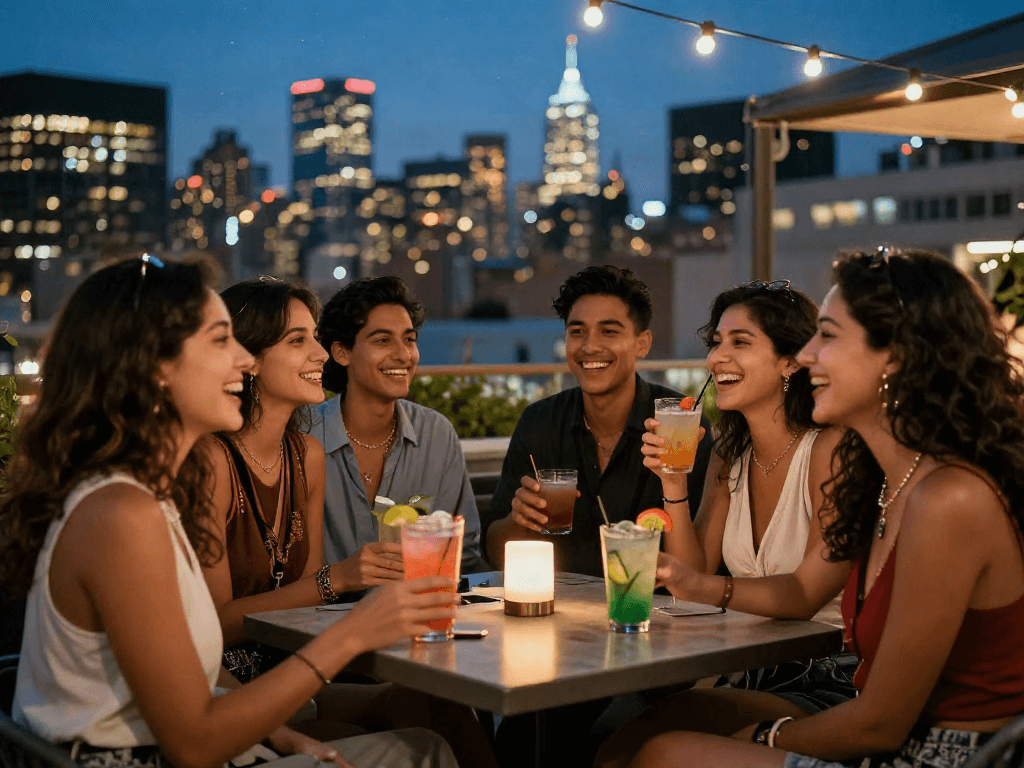 NSFW rooftop bar scene with friends enjoying drinks and city lights